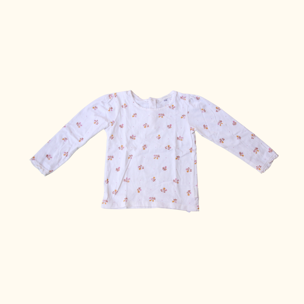 White Logn Sleeve T-Shirt with Flower Print