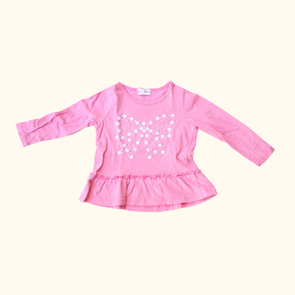 Pink Long Sleeve T-Shirt with Frill and Button Detail