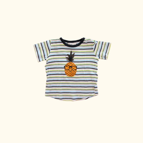 Blue and Green Striped T-Shirt with Pineapple Face Graphic