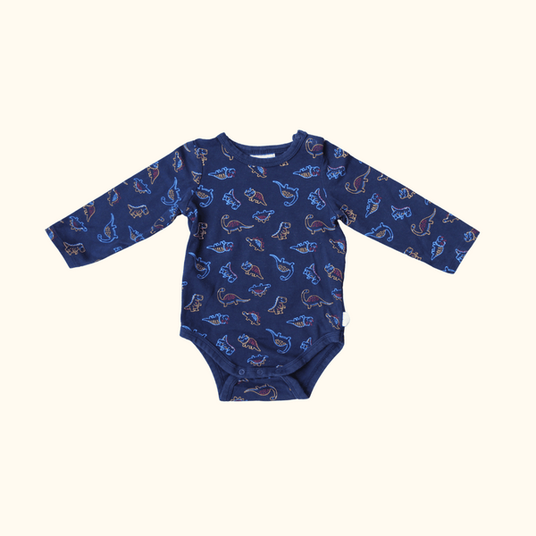 Navy Blue Long Sleeve Bodysuit with Dinosaur Print