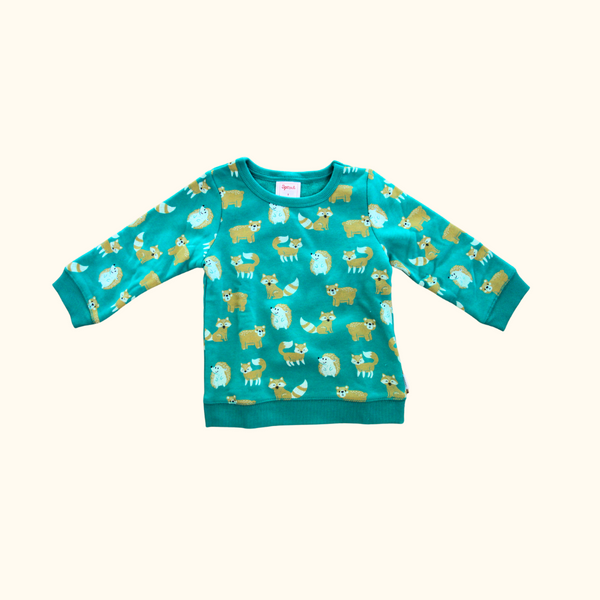 Green Sweater with Fox and Hedgehog Print