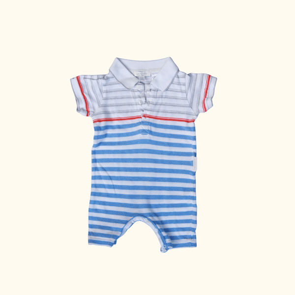 White Romper with Blue, Grey and Red Stripes