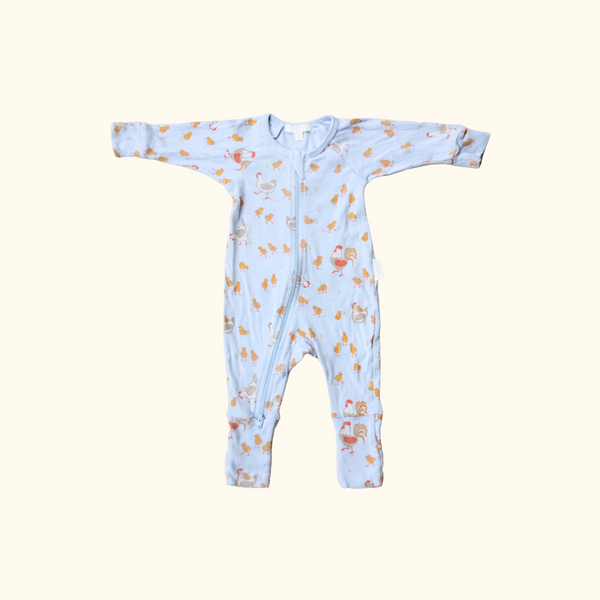 Blue Onesie with Zip and Chicks Graphic Print