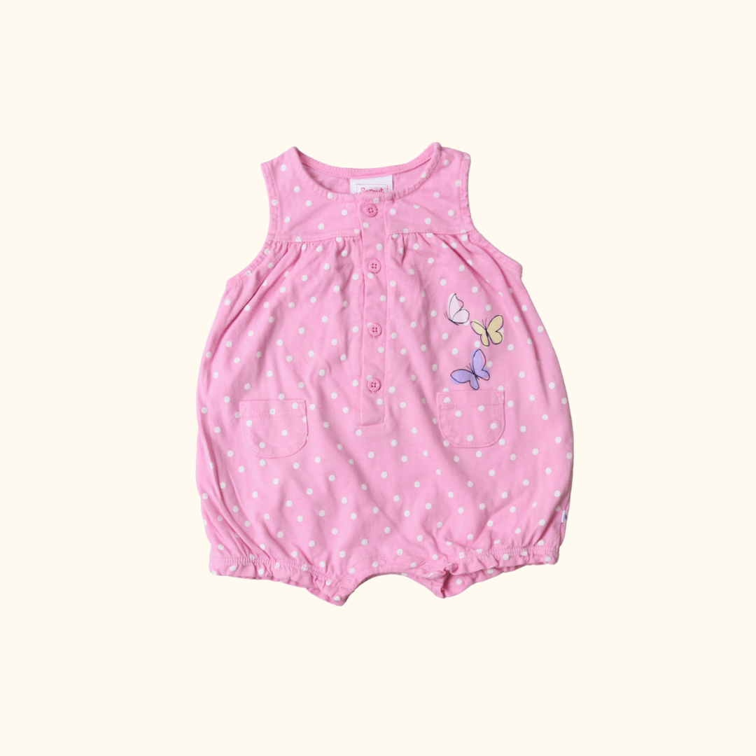 Pink Polkadot Romper with Butterflies