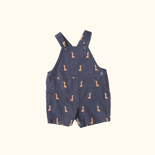 Blue Short Overalls with Giraffe Print