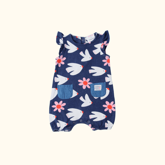 Navy Blue Romper with Bird Print