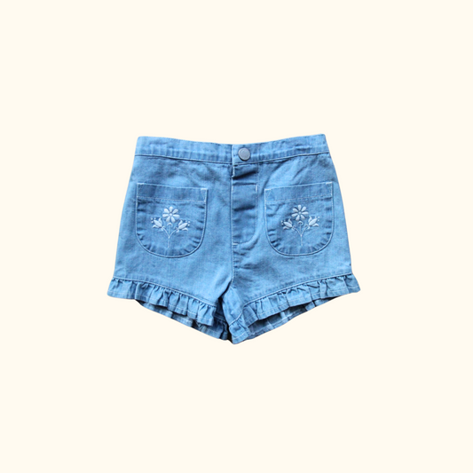 Denim Shorts with Flower Embroidery