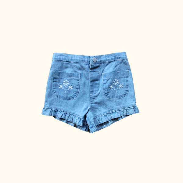 Denim Shorts with Flower Embroidery