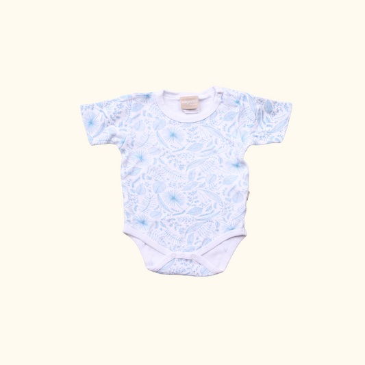 White and Blue Bodysuit with Leaf Print