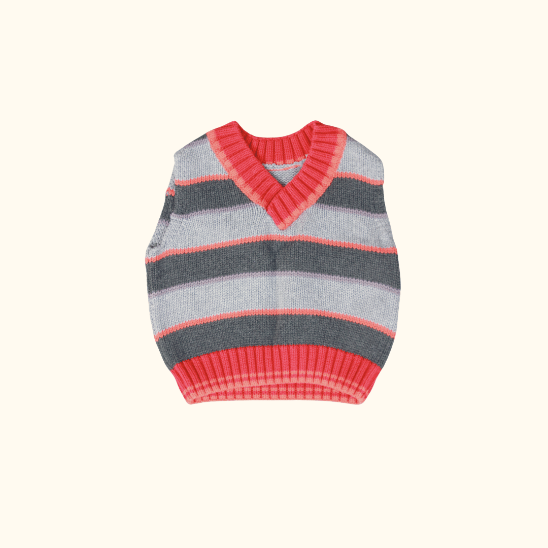 Red and Grey Sleeveless Jumper with Stripes