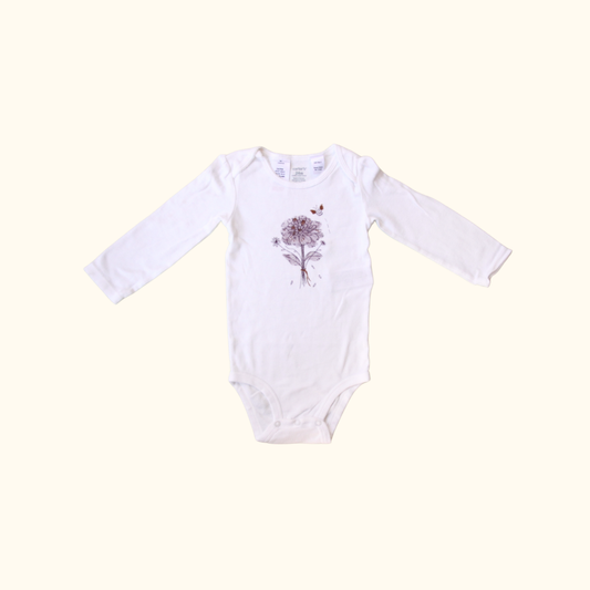 White Long Sleeve Bodysuit with Purple Flower Graphic