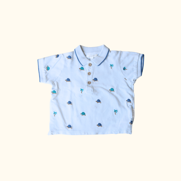 Blue Polo T-Shirt with Turtles and Palm Trees