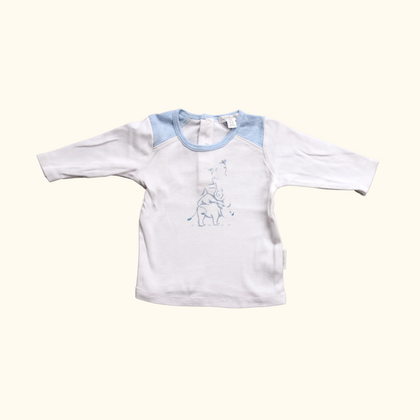 White and Blue Long Sleeve T-Shirt with Animal Graphic