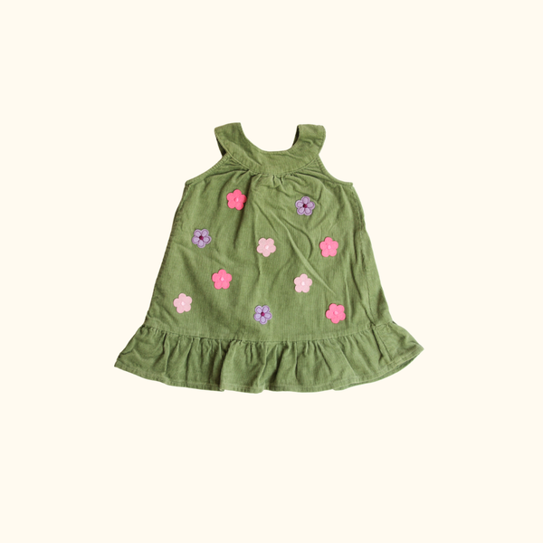 Green Corduroy Dress with Flowers