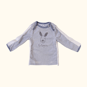 Blue and Oatmeal Striped Long Sleeve T-Shirt with Bunny Print