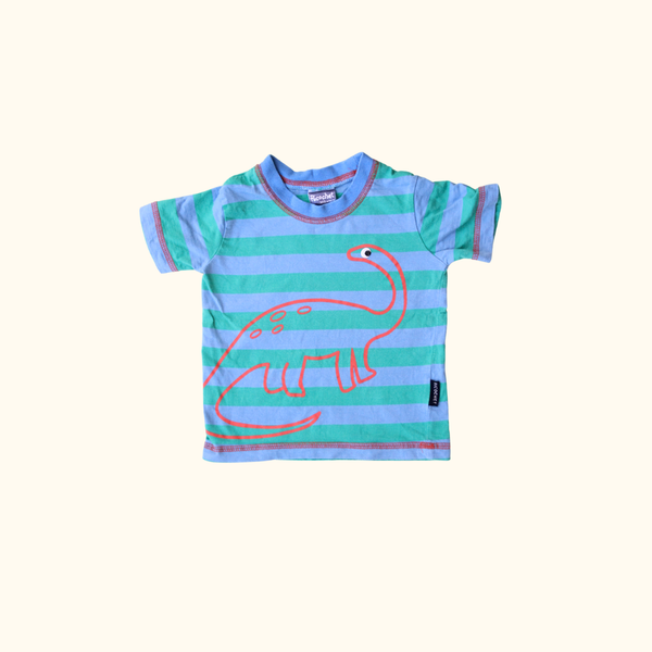 Blue and Green Striped T-Shirt with Dinosaur