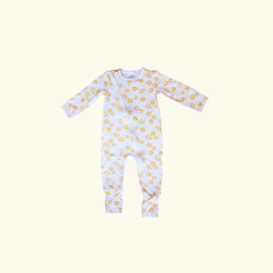 White Rib Onesie with Yellow Flowers and Bees