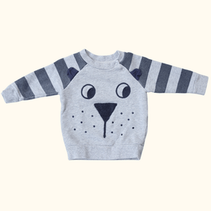 Grey Sweater with Cute Animal Face Print