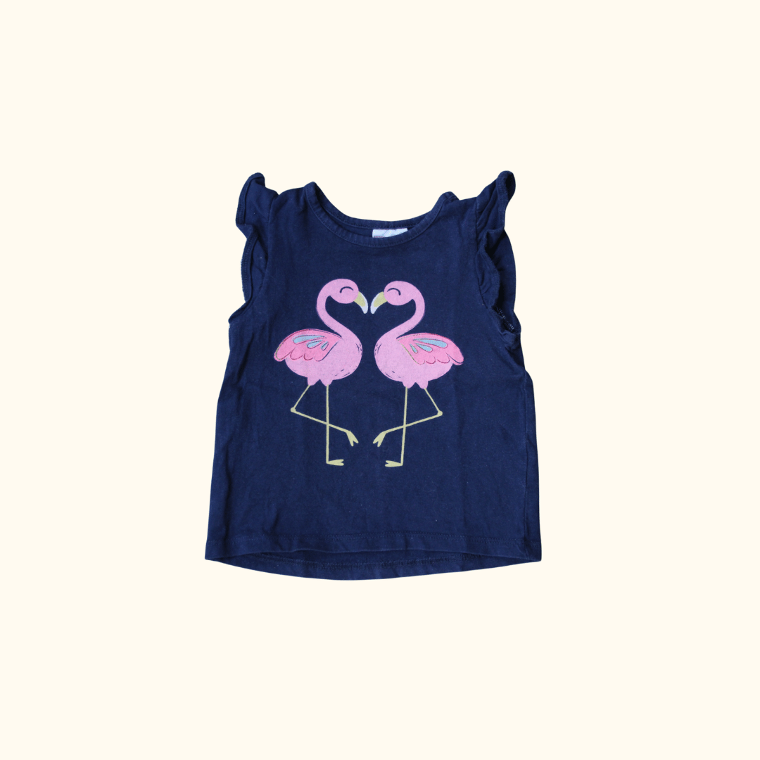Navy Blue Sleeveless T-Shirt with Flamingos