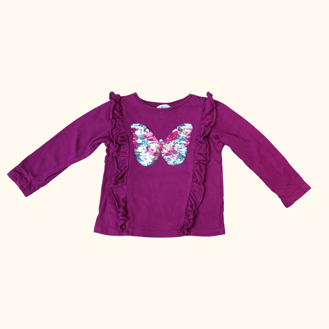 Purple Long Sleeve T-Shirt with Sequin Butterfly