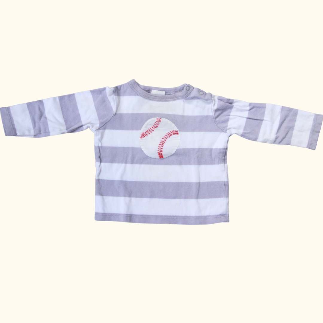 Grey and White Striped Long Sleeve T-Shirt with Baseball