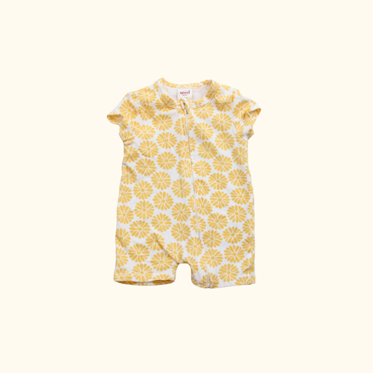 Yellow Romper with Flower Print and Zip