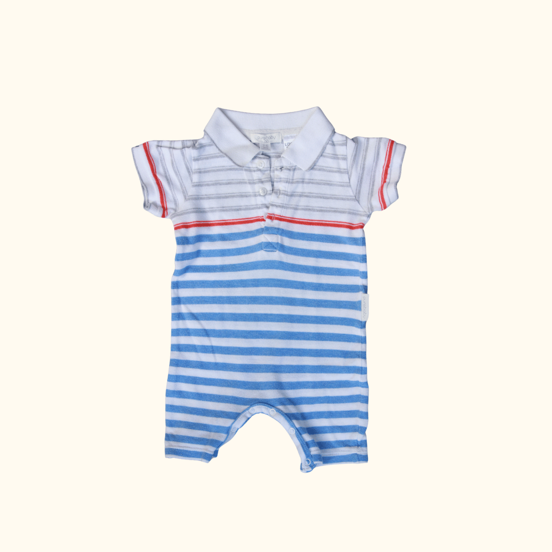White Romper with Blue, Grey and Red Stripes