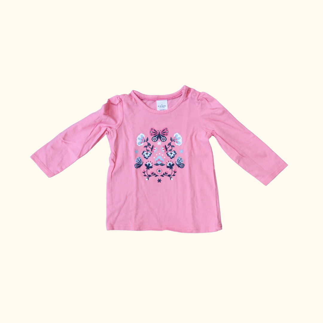 Pink Long Sleeve T-Shirt with Flower Graphic Print