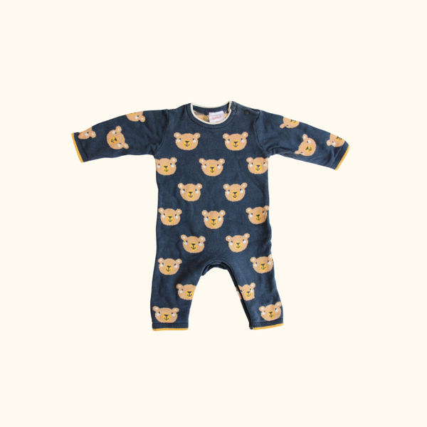 Blue Knit Onesie with Bear Print