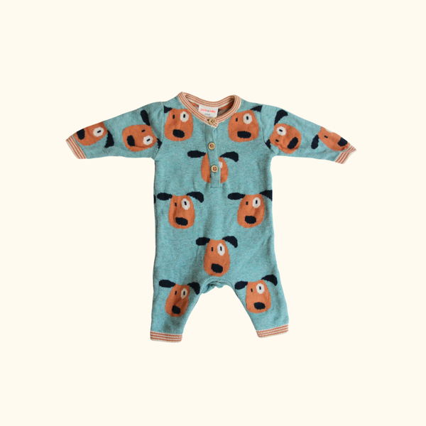 Green Knit Onesie with Doggy Print