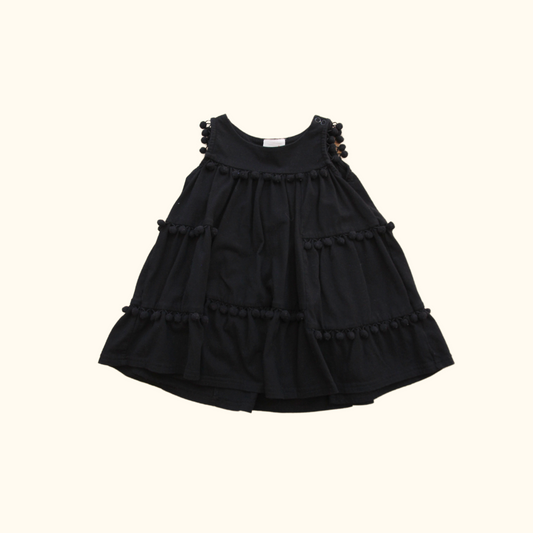 Black Sleeveless Dress with Pom Poms