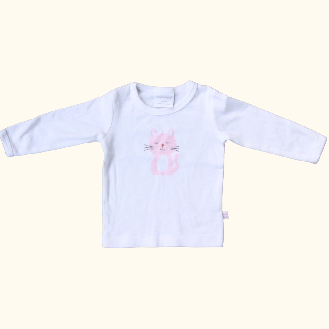 White Long Sleeve Tee with Cat