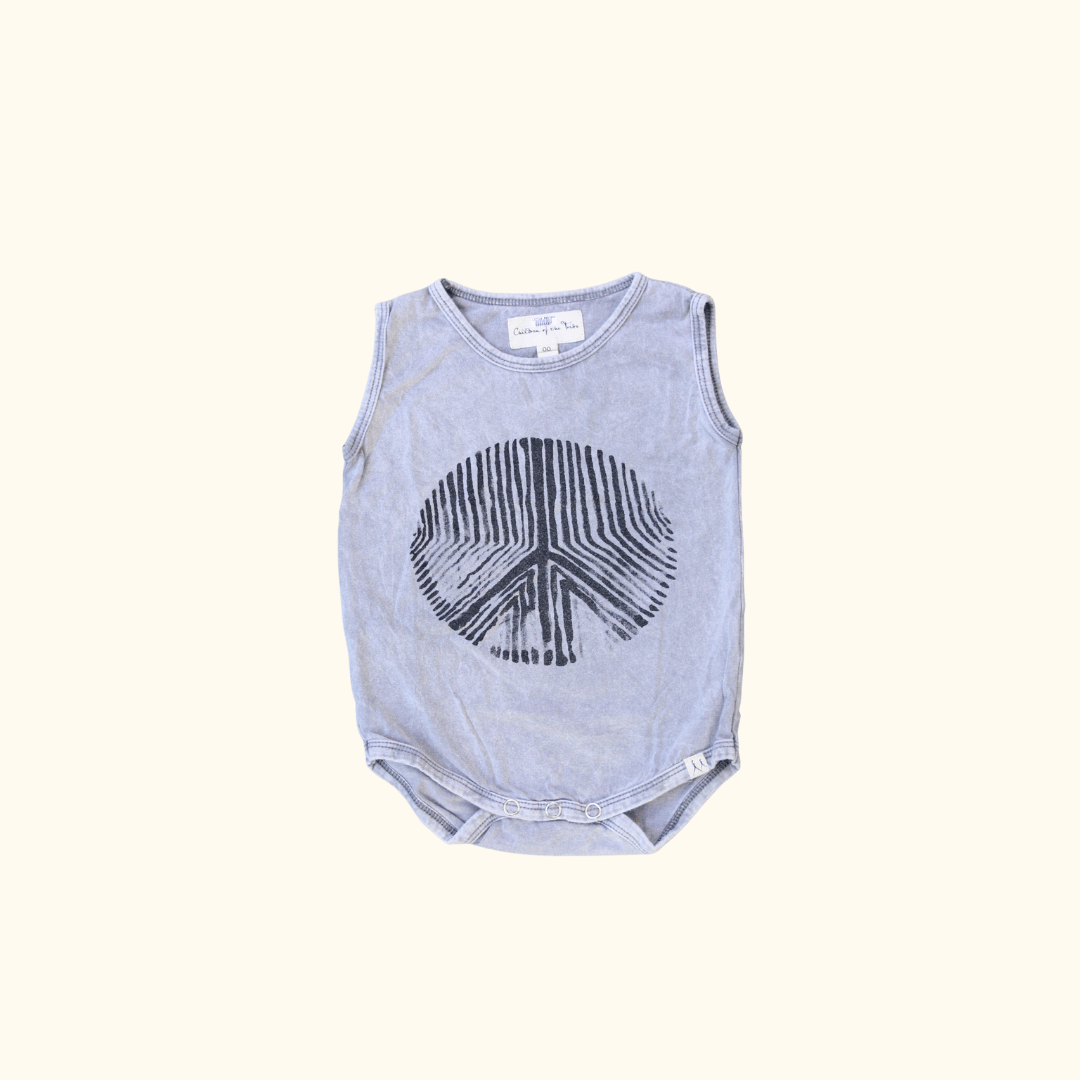 Grey Sleeveless Bodysuit with Piece Sign Graphic