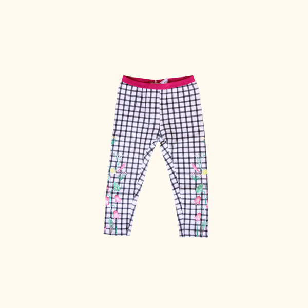 Black and White Checkered Leggings with Flowers