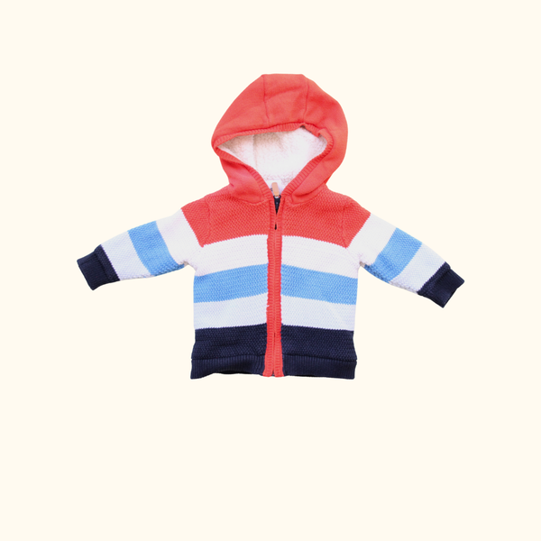 Blue and Red Striped Sherpa Lined Cardigan with Hoodie