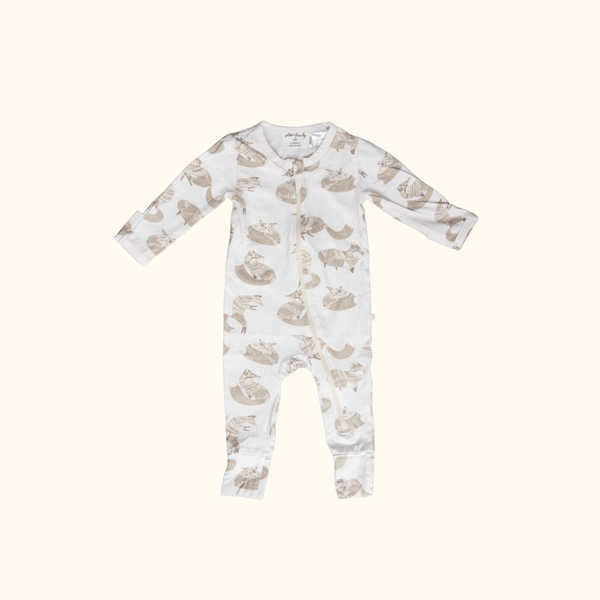 Oatmeal and Brown Zip Onesie with Foxes