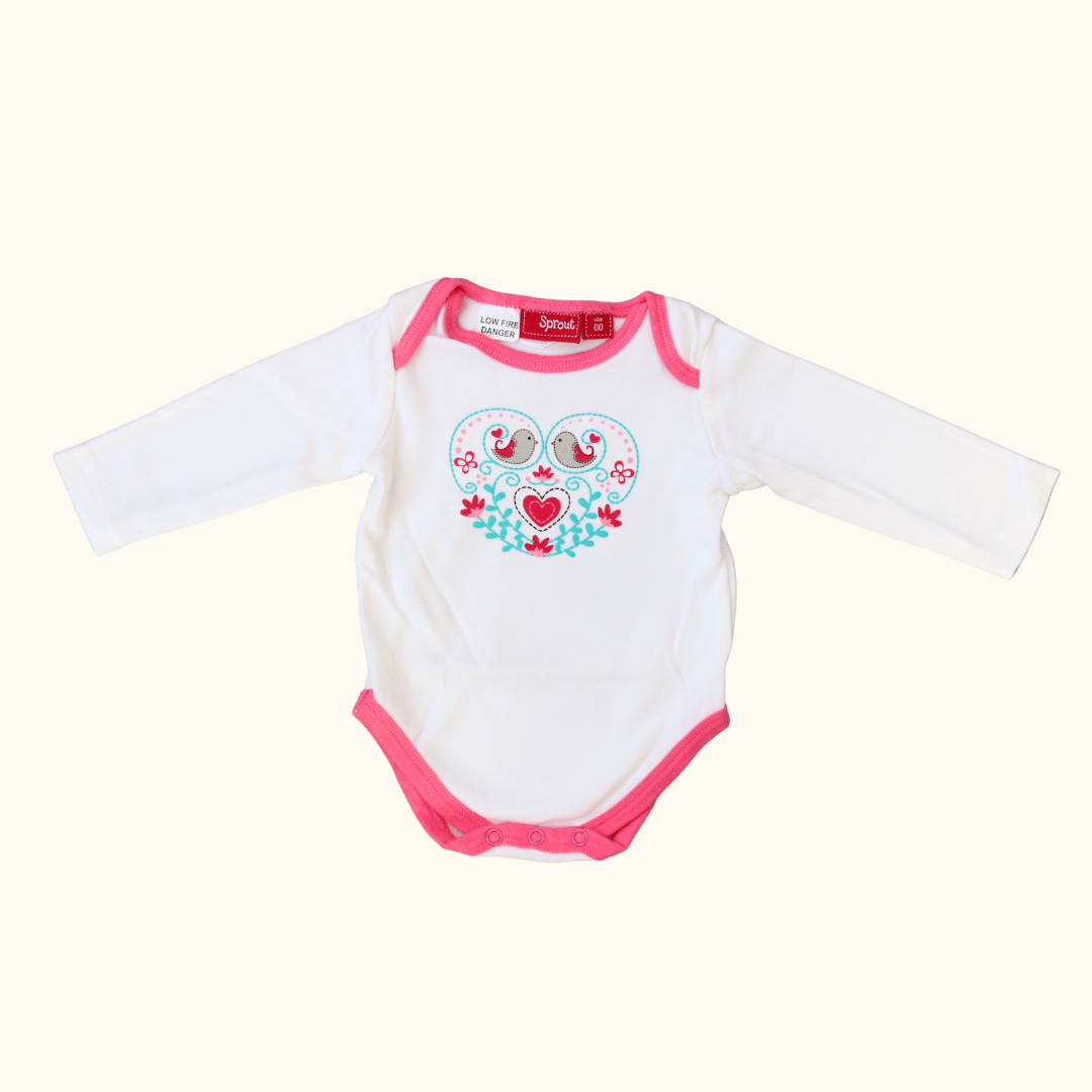 White and Pink Bodysuit with Birds and Flowers