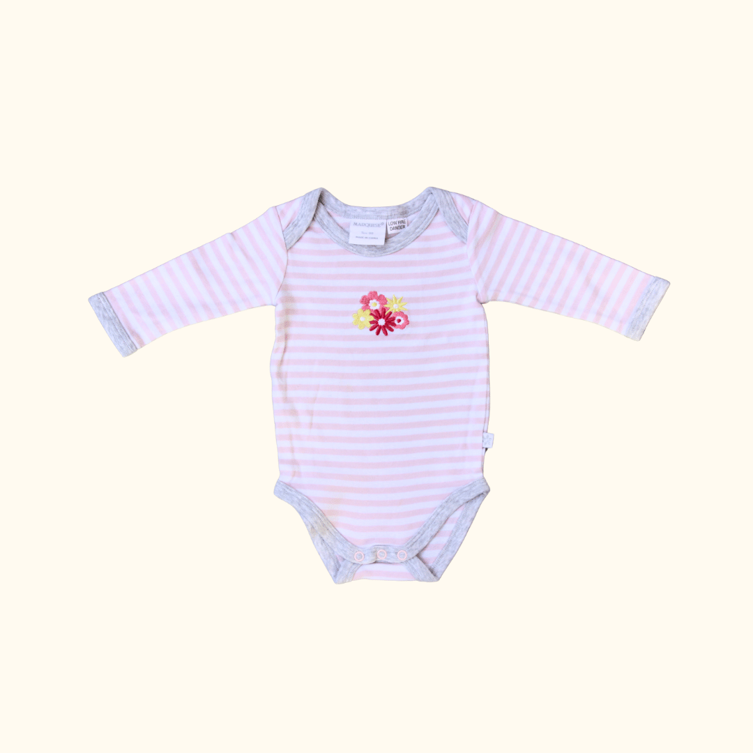 White and Pink Striped Long Sleeve Bodysuit with Flowers