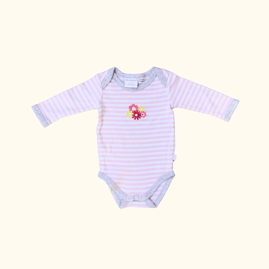 White and Pink Striped Long Sleeve Bodysuit with Flowers