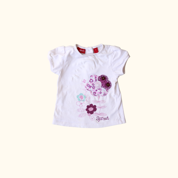 White T-Shirt with Purple Flower Graphic