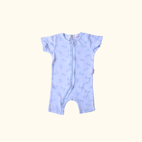 Blue Romper with Zip and Bicycle Print