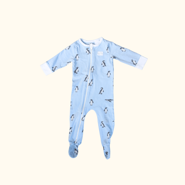 Blue Zip Onesie with Penguins