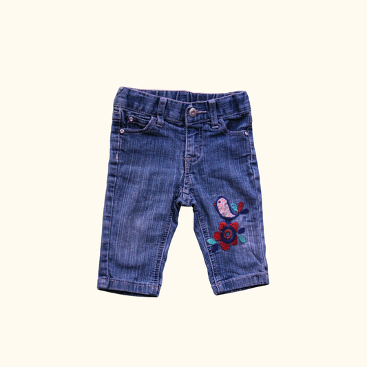 Blue Denim Jeans with Bird Embroidery