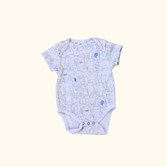 Grey Short Sleeve Bodysuit with Monkey Print