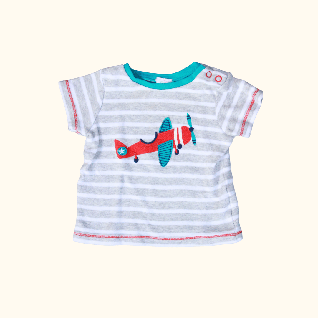 Grey and White Short Sleeve T-Shirt with Plane