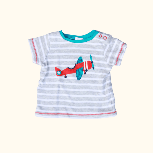 Grey and White Short Sleeve T-Shirt with Plane