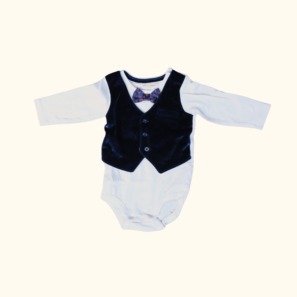 White and Blue Bodysuit with Bow Tie