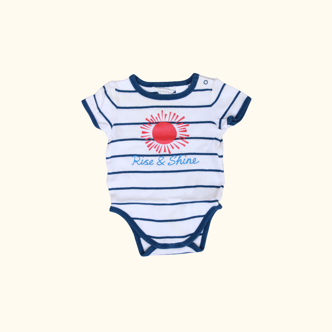 White and Blue Striped Short Sleeve Bodysuit with Sun
