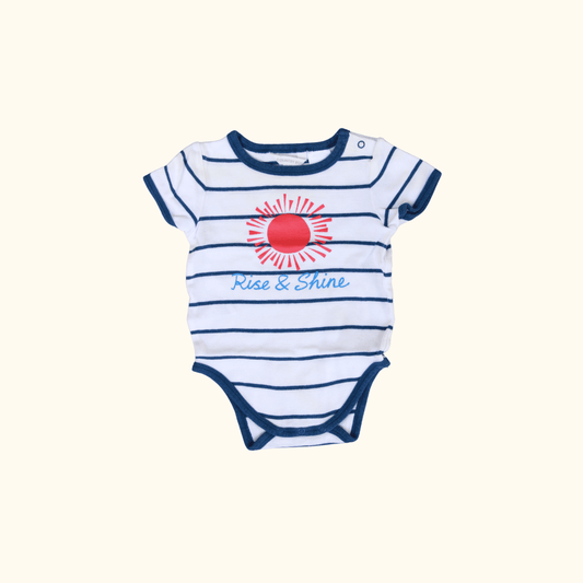 White and Blue Striped Short Sleeve Bodysuit with Sun