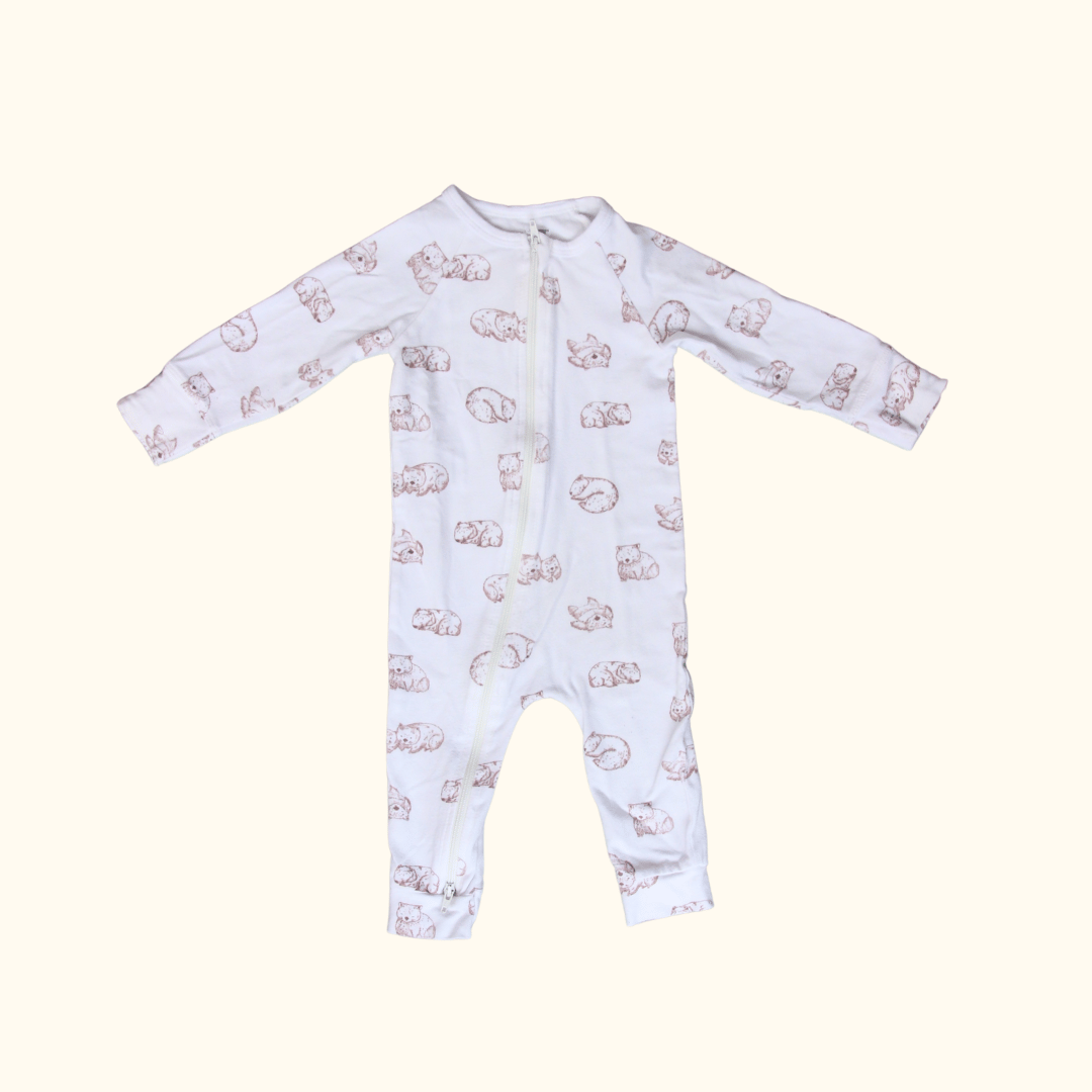 White Zip Onesie with Wombat Print